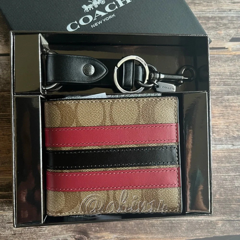 NWT Coach Signature Brown and Red Wallet and Keychain Set in Gift Box